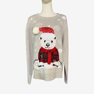 Karen Scott Plus PXL Polar Bear Christmas Sweater Glitter Santa Hat Gray